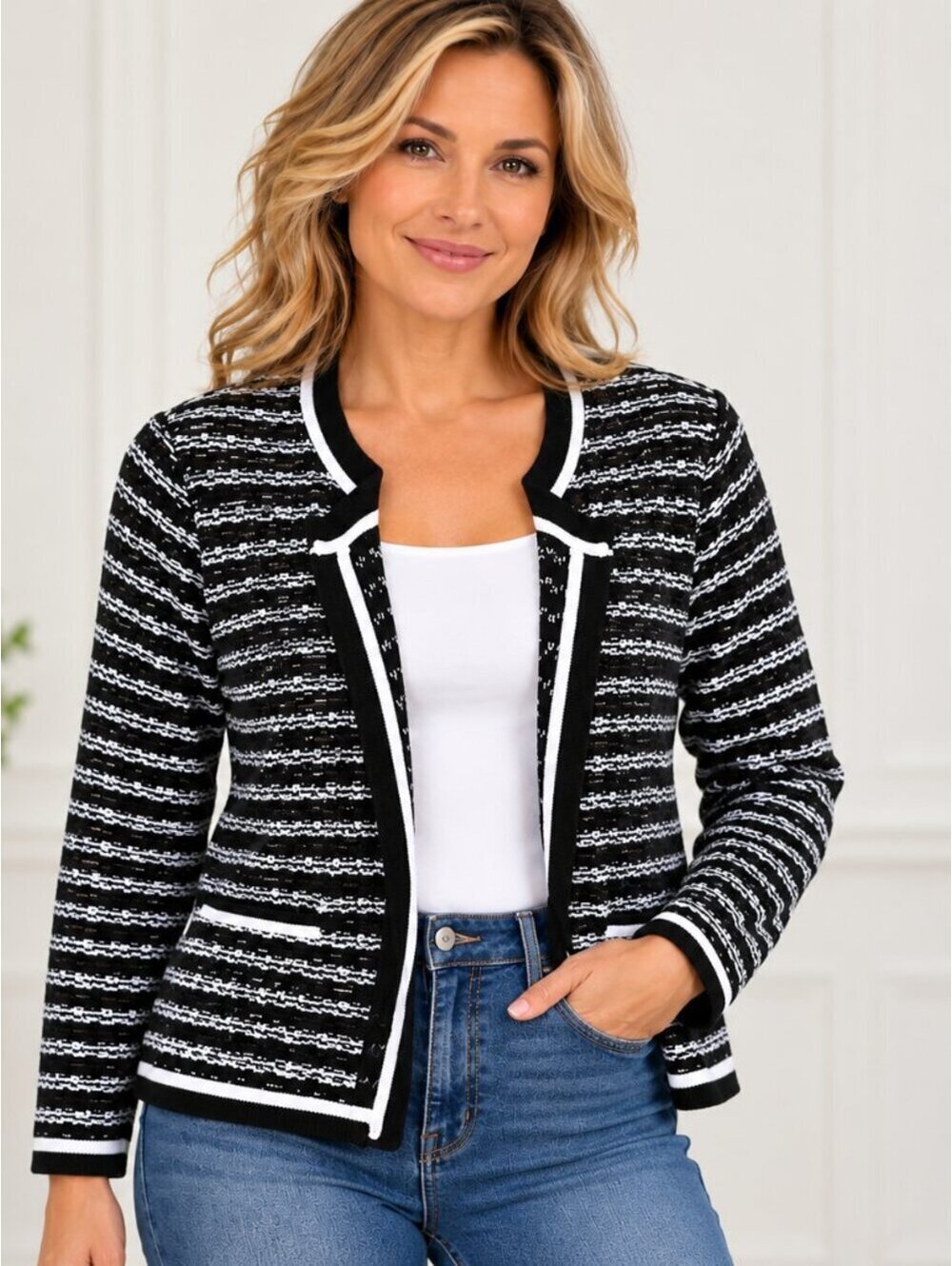 White House Black Market Cardigan Black With White Stripes Shiny